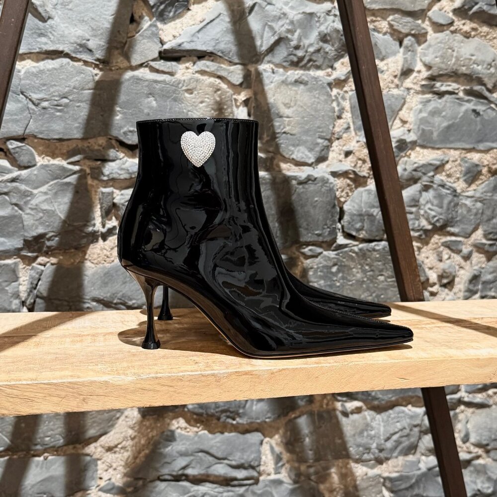 Mach & Mach SS23 Black Patent Crystal Heart Heeled Boots